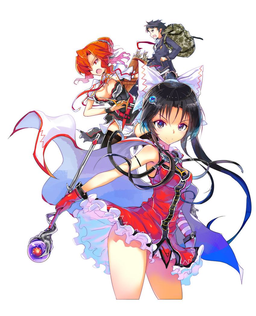 1boy, 2girls, bare_shoulders, black_eyes, black_hair, breasts, cleavage, contrapposto, cropped_legs, dress, expressionless, highres, long_hair, looking_at_viewer, master_wa_stray_cat, multiple_girls, polearm, red_dress, red_eyes, red_hair, shaded_face, simple_background, sleeveless, sleeveless_dress, staff, standing, thighhighs, wand, weapon, white_background, yui_(niikyouzou)