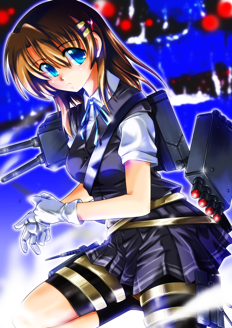 1girl, bike_shorts, blue_eyes, brown_hair, cosplay, female_focus, gloves, hair_ornament