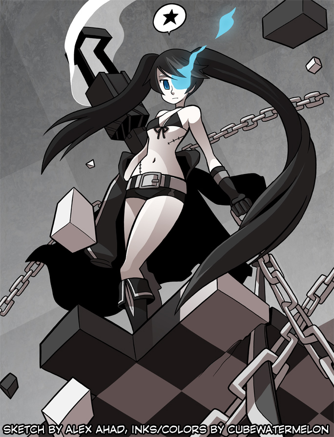 10s, 1girl, alex_ahad, artist_collaboration, bad_id, bad_tumblr_id, belt, bikini, bikini_top_only, black_bikini, black_gloves, black_hair, black_rock_shooter, black_rock_shooter_(character), blue_eyes, cannon, chain, checkered_floor, expressionless, female_focus, flat_chest, floor, gloves, glowing, glowing_eye, gun, long_coat, long_hair, mary_cagle, navel, off_shoulder, pale_skin, scar, short_shorts, shorts, smoke, smoking_barrel, solo, spoken_star, star_(symbol), swimsuit, twintails, uneven_twintails, very_long_hair, weapon