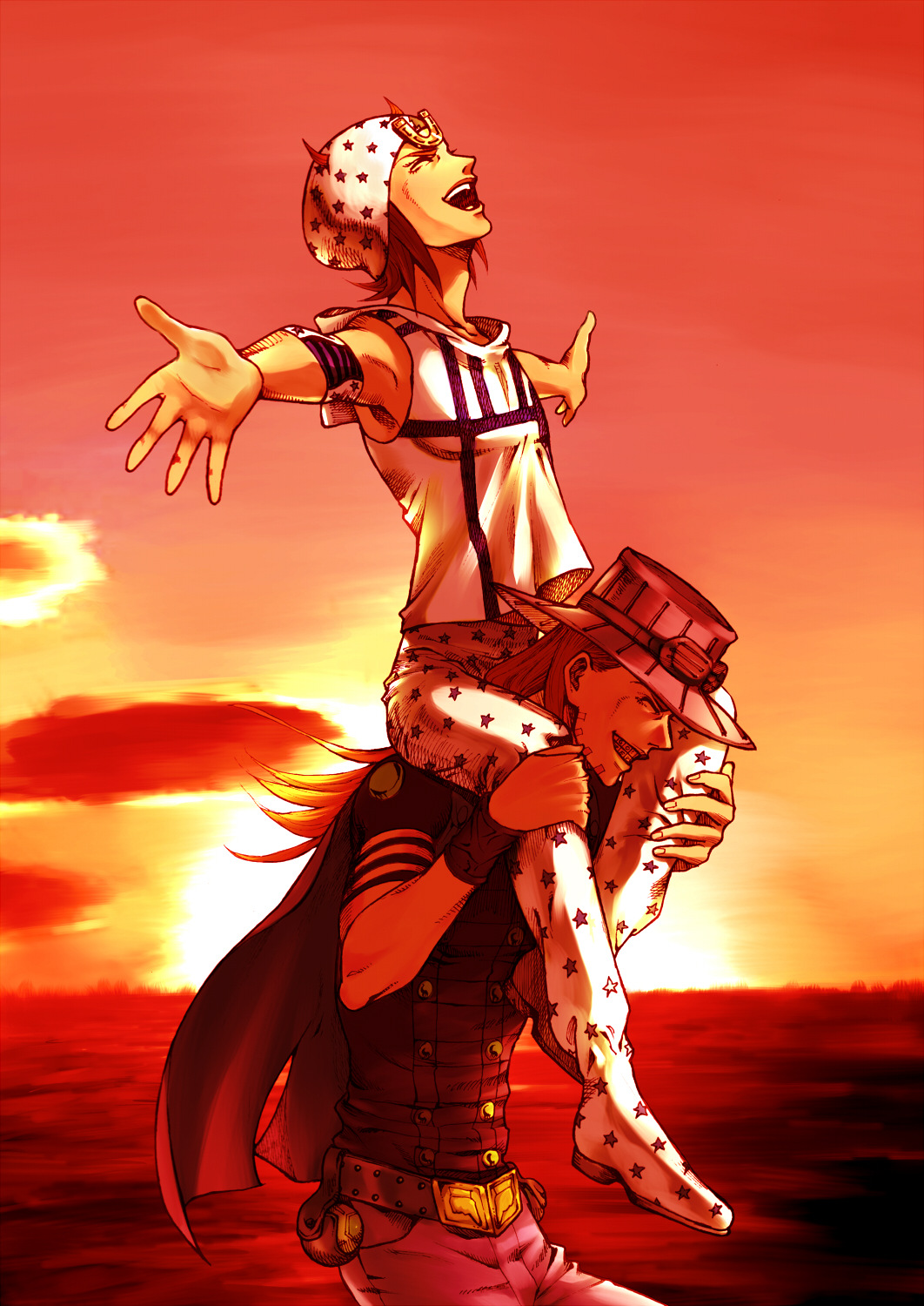 2boys, cape, carrying, gyro_zeppeli, hat, highres, johnny_joestar, jojo_no_kimyou_na_bouken, kuryo_the_4191, multiple_boys, outstretched_arms, piggyback, shoulder_carry, steel_ball_run, sunset