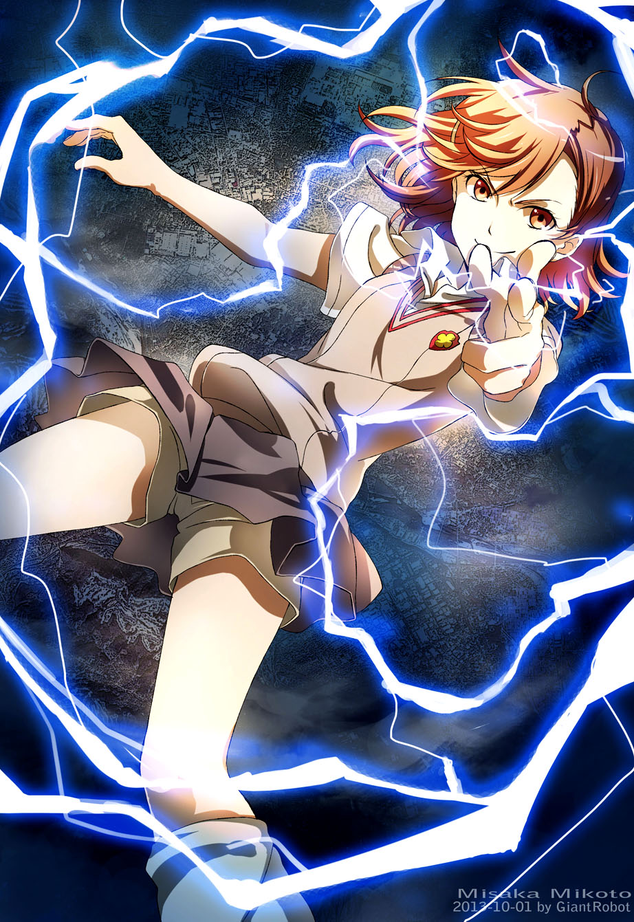 1girl, action, bad_id, bad_pixiv_id, brown_eyes, brown_hair, d_midiror, electricity