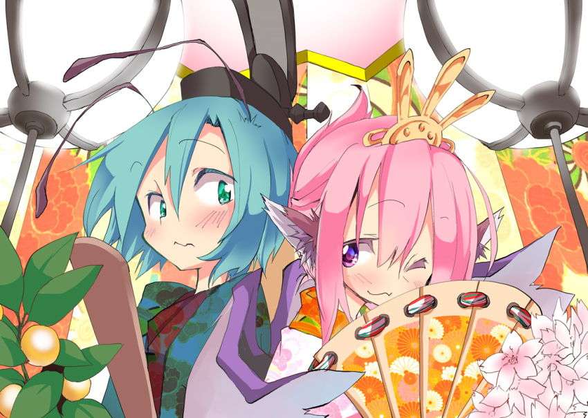 2girls, alternate_color, bird_ear, bird_wings, hand_fan, green_hair, hair_ornament, hat