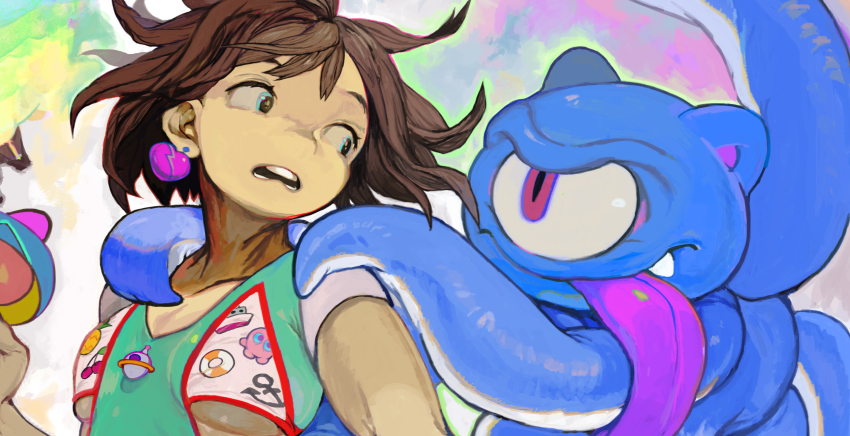 1girl, blue_skin, breasts, brown_hair, colored_skin, cyclops, earrings, green_eyes, heart, heart_earrings, highres, honenoumi, hug, hug_from_behind, jewelry, long_tongue, monster, one-eyed, original, pink_eyes, short_hair, surprised, tentacles, tongue, tongue_out, underboob