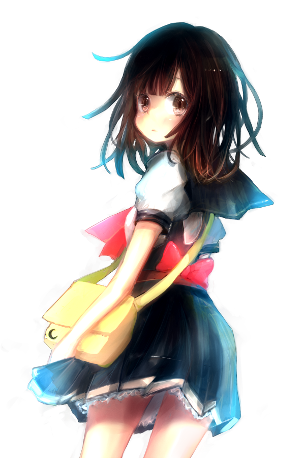 1girl, bag, bakemonogatari, brown_eyes, brown_hair, female_focus, koneko_mari, looking_back, monogatari_(series), school_uniform, sengoku_nadeko, serafuku, short_hair, solo
