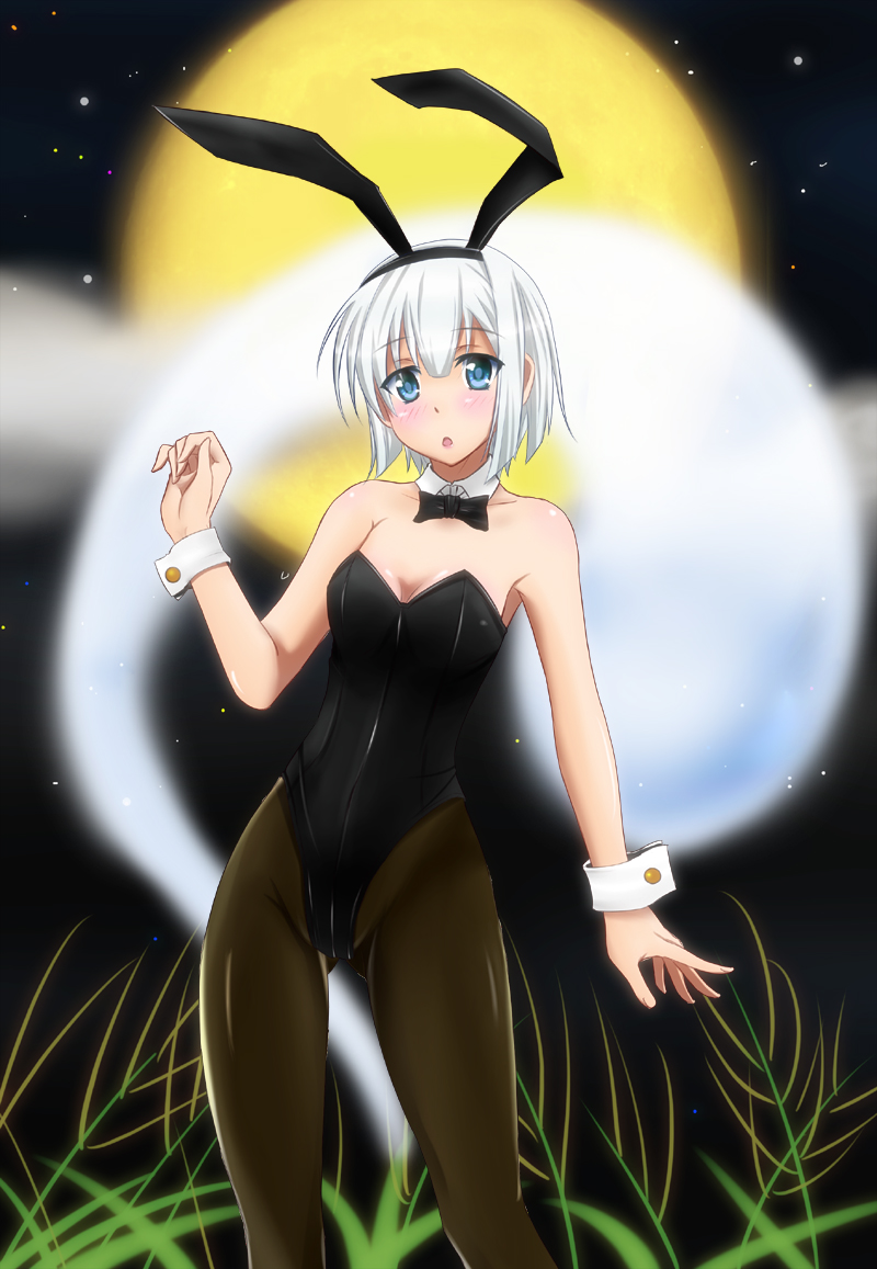 1girl, :o, animal_ears, black_pantyhose, blue_eyes, bow, bowtie, breasts