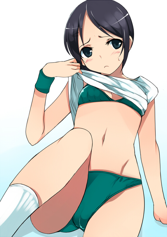 10s, 1girl, aoki_kei, black_eyes, black_hair, blush, bra, breasts