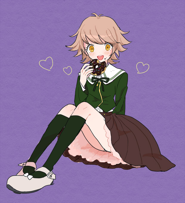 10s, 1boy, brown_hair, crossdressing, crossdressing_(mtf), danganronpa:_trigger_happy_havoc, danganronpa_(series), donut, food, fujisaki_chihiro, heart, male_focus, skirt, smile, solo, tmrn, trap, yellow_eyes