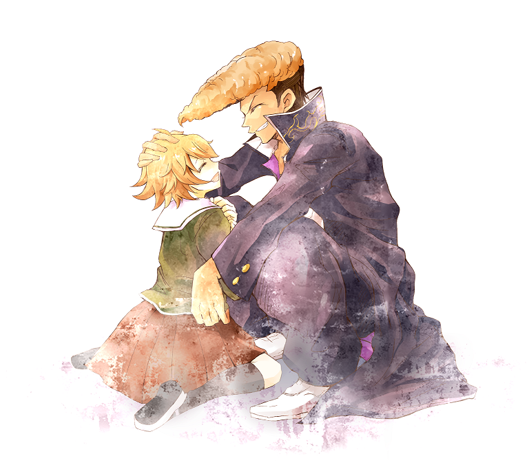 10s, 2boys, antama, brown_hair, danganronpa_(series), danganronpa:_trigger_happy_havoc, fujisaki_chihiro, grin, long_hair, male_focus, multiple_boys, owada_mondo, headpat, sitting, smile, squatting