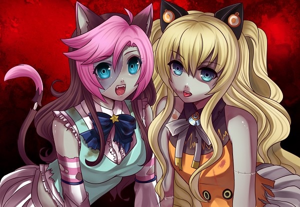 2girls, :p, animal_ears, blonde_hair, blue_eyes, breasts, brown_hair, brown_theme, cat_ears, cat_girl, cat_tail, dress, female_focus, food, fruit, grey_theme, hoshine_stella, long_hair, multicolored_hair, multiple_girls, open_mouth, orange_(fruit), pink_hair, pink_theme, red_theme, seeu, shirt, skirt, star_(symbol), tail, tongue, tongue_out, utau, utauloid, very_long_hair, vocaloid, white_theme, zombie