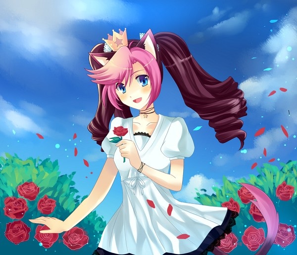 1girl, :d, animal_ears, blue_eyes, blue_theme, blush, brown_hair, brown_theme