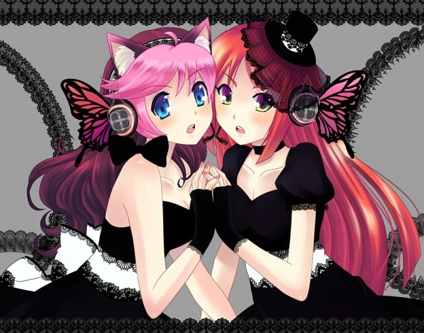 1boy, 1girl, animal_ears, black_dress, black_theme, blue_eyes, blue_theme, blush