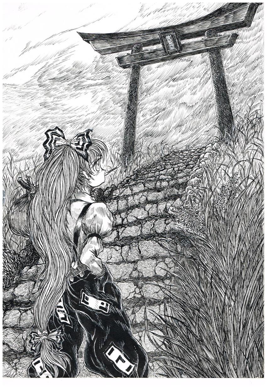 1girl, absurdres, anago-san, armband, bag, calligraphy_brush_(medium), carrying, facing_away, female_focus, fujiwara_no_mokou, grass, greyscale, hair_ribbon, hand_in_pocket, highres, long_hair, long_sleeves, looking_up, monochrome, nib_pen_(medium), ofuda, pants, pen_(medium), ponytail, ribbon, smoking_pipe, solo, stairs, stick, suspenders, torii, touhou, traditional_media, very_long_hair