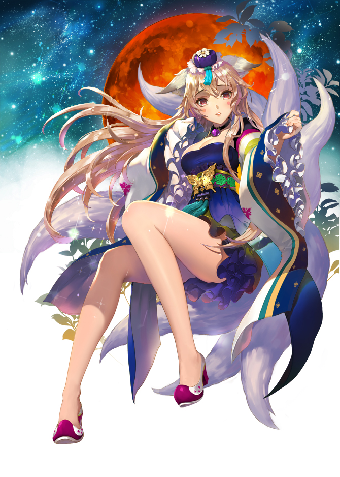 1girl, animal_ears, blush_stickers, breasts, brown_hair, choker, cleavage, danghye, facinator, flower, fox_ears, fox_tail, full_moon, hat, jokduri, korean_clothes, legs, long_hair, long_sleeves, maedeup, md5_mismatch, moon, multiple_tails, original, red_eyes, red_moon, skirt, sleeves_over_hands, sleeves_past_wrists, tail, tassel, tob, traditional_clothes