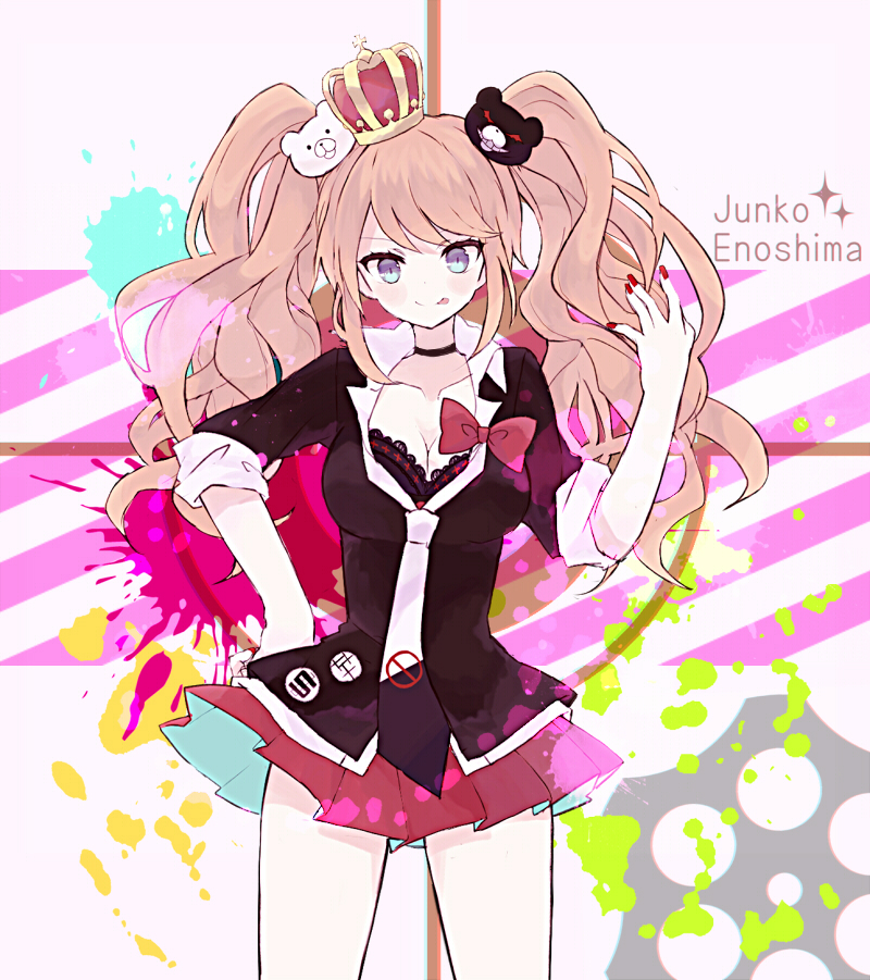 10s, 1girl, aizawa_mota, blue_eyes, crown, danganronpa:_trigger_happy_havoc, danganronpa_(series), enoshima_junko, female_focus, fingernails, hair_ornament, long_hair, nail_polish, pink_hair, ribbon, sleeves_rolled_up, smile, solo, spoilers, tongue, twintails