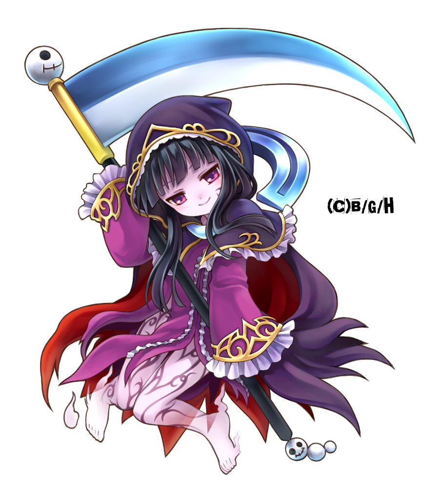 1girl, bad_id, bad_pixiv_id, barefoot, black_hair, cape, death_alma, emil_chronicle_online