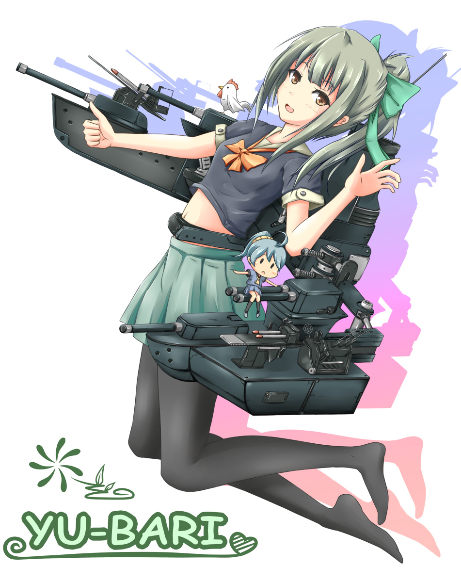 10s, 12.7cm_high-angle_mount, 1girl, bird, blush, bow, brown_eyes, chicken, fairy_(kancolle), female_focus, grey_hair, hair_bow, highres, kantai_collection, looking_at_viewer, midriff, navel, no_shoes, pantyhose, personification, ponytail, r1n_(kikyou0), sailor_collar, school_uniform, serafuku, short_hair, short_ponytail, skirt, smile, solo, yamamoto_rintarou, yuubari_(kancolle)