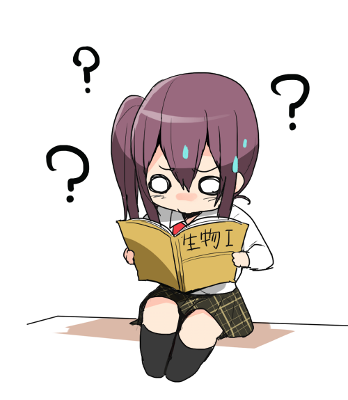 1girl, ?, asai_miki, bad_id, bad_twitter_id, black_legwear, book, chibi, confused, erubo, female_focus, full_body, holding, holding_book, looking_down, o_o, open_book, original, plaid_clothes, plaid_skirt, reading, red_hair, school_uniform, side_ponytail, sidelocks, simple_background, sitting, skirt, solo, sweatdrop, translated, white_background