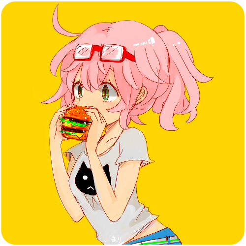 1girl, burger, eating, female_focus, food, glasses, green_eyes, koneko_mari
