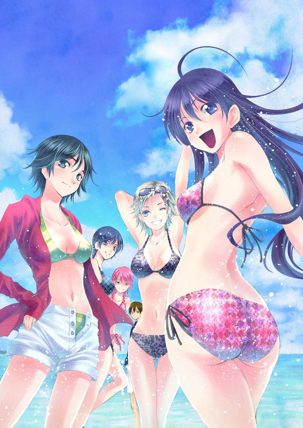 1boy, 5girls, :d, ass, beach, bikini, bikini_top_only, black_hair, blonde_hair, blue_eyes, blue_sky, brown_hair, collarbone, day, eba_rin, eba_yuzuki, eyewear_on_head, groin, highres, horizon, kaga_akari, kanzaki_nanami, kimi_no_iru_machi, kirishima_haruto, long_hair, looking_at_viewer, looking_back, mishima_asuka, multiple_girls, navel, ocean, official_art, open_mouth, outdoors, pink_hair, purple_hair, seo_kouji, short_hair, shorts, sky, smile, stomach, sunglasses, swimsuit, unbuttoned, water