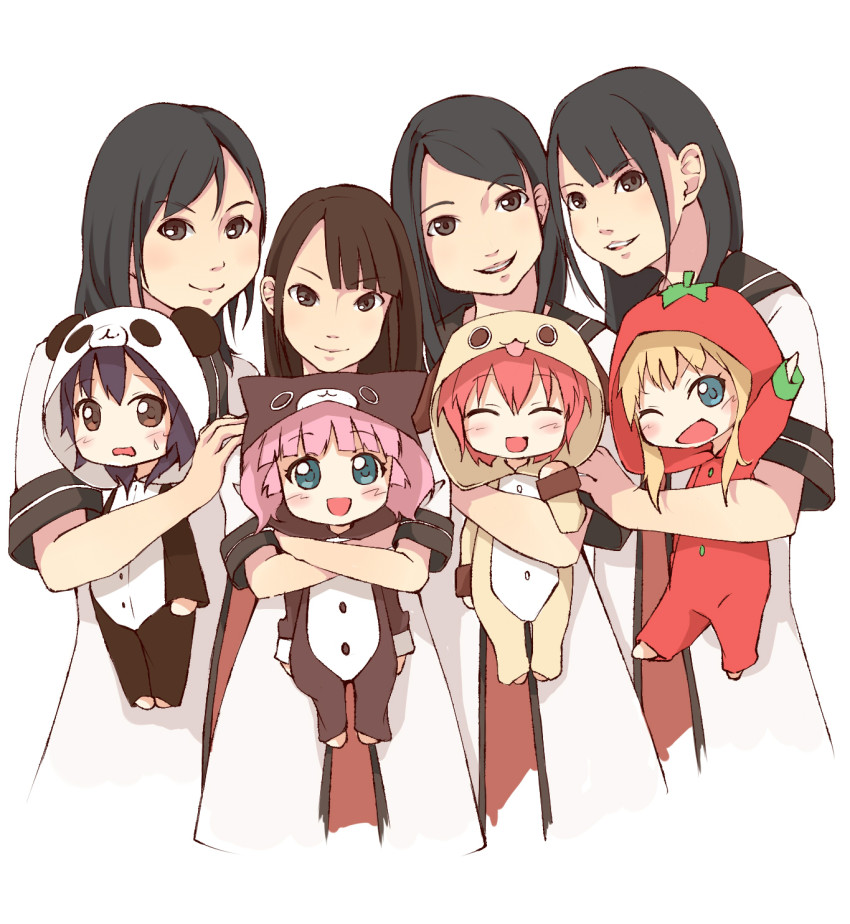 6+girls, :d, ;d, ^_^, akaza_akari, animal_costume, black_hair, blonde_hair