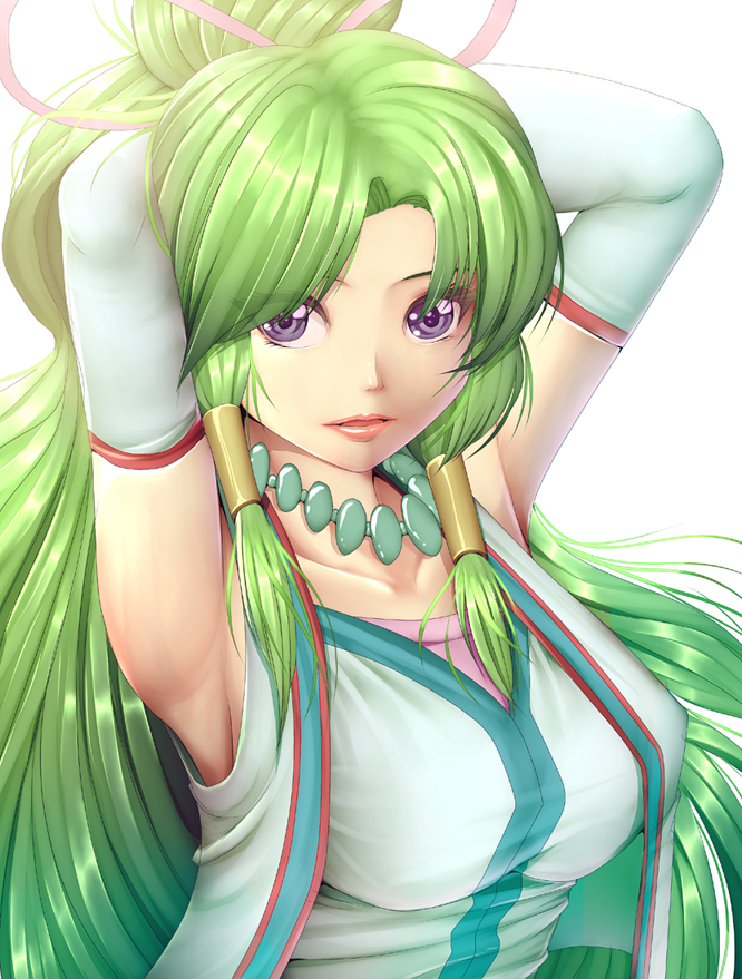1girl, armpits, arms_up, cure_empress, detached_sleeves, dokidoki!_precure, female_focus, green_hair, hair_tubes, harihisa, jewelry, long_hair, necklace, parted_lips, precure, purple_eyes, shirt, solo, taut_clothes, taut_shirt