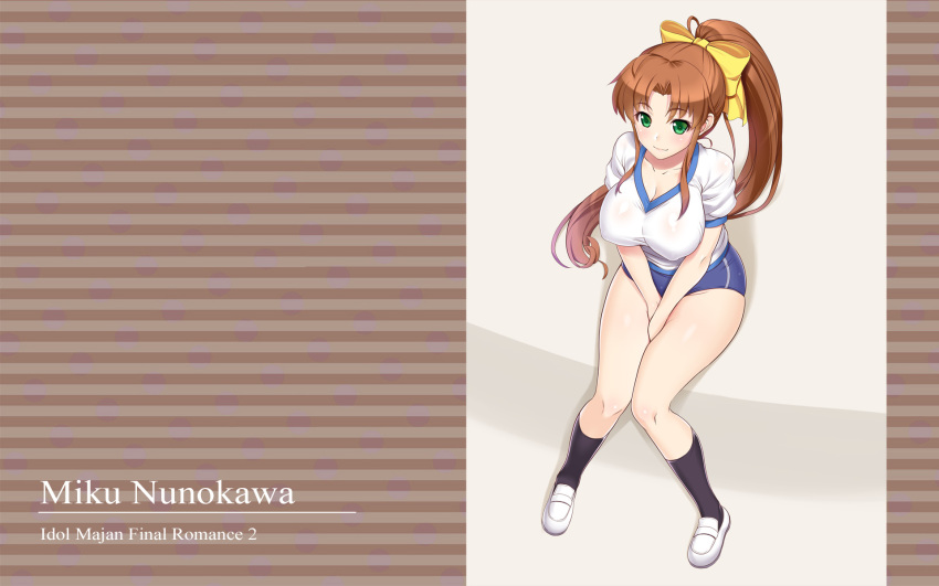 1girl, between_legs, black_socks, blush, breasts, brown_hair, buruma, character_name