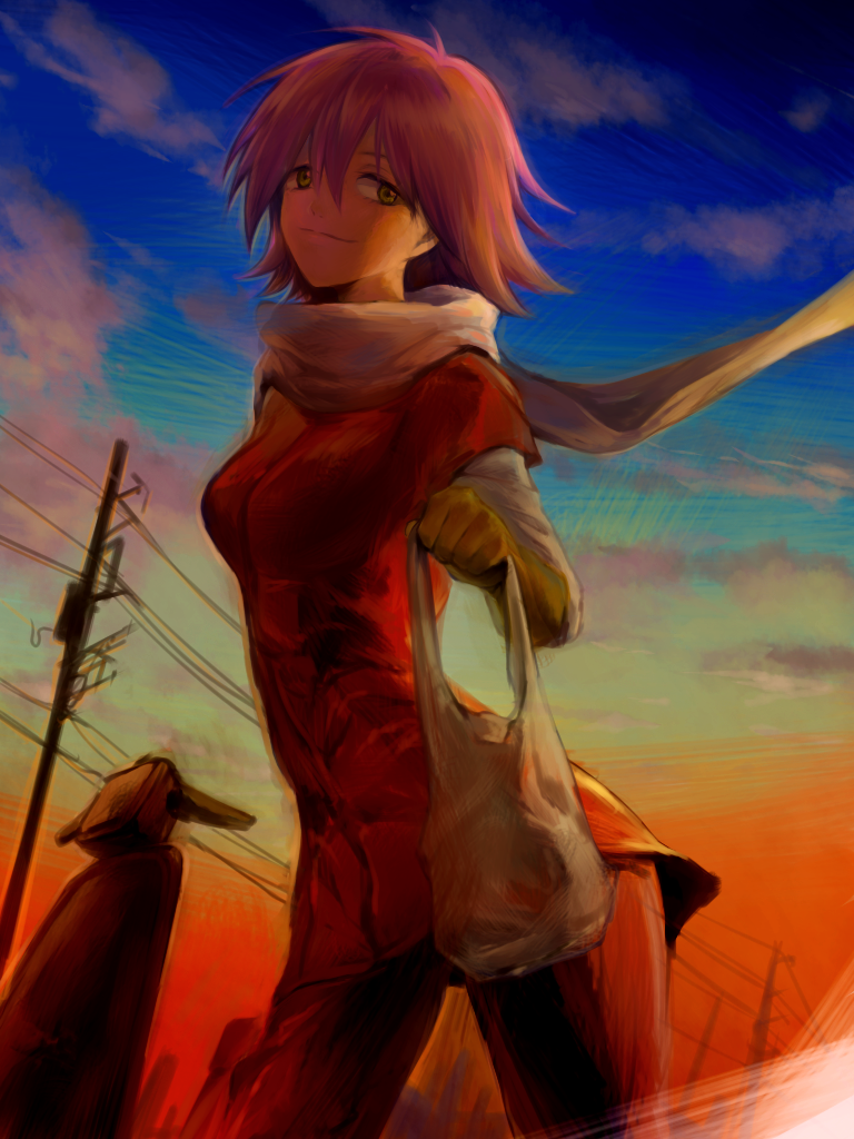 00s, 1girl, bad_id, bad_pixiv_id, bag, cloud, dutch_angle, female_focus, flcl, haruhara_haruko, looking_at_viewer, ml_(sysynemuru), motor_vehicle, outdoors, pink_hair, plastic_bag, power_lines, scarf, scooter, short_hair, sky, solo, suya_(pixiv5544611), twilight, utility_pole, yellow_eyes