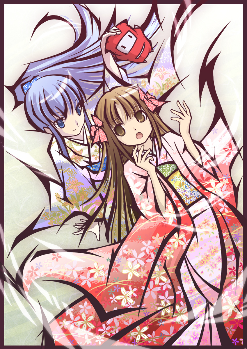 2girls, blue_eyes, blue_hair, brown_eyes, brown_hair, haiiro_(hi_ghi_ro), hair_ribbon, highres