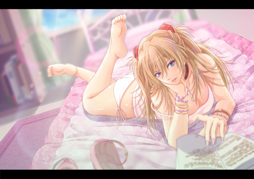 1girl, arm_support, ass, bad_id, bad_pixiv_id, barefoot, blue_eyes, blurry, book, bracelet, breasts, camisole, chemise, cleavage, collarbone, curtains, depth_of_field, downblouse, female_focus, fujimoto_kokoa, hair_ornament, highres, indoors, jewelry, large_breasts, leg_up, lens_flare, letterboxed, light_brown_hair, long_hair, looking_at_viewer, lots_of_jewelry, lying, necklace, neon_genesis_evangelion, no_bra, no_pants, on_bed, on_stomach, open_mouth, panties, rebuild_of_evangelion, shiny_skin, side-tie_panties, solo, souryuu_asuka_langley, strap_slip, underwear, white_panties, wide_hips, window
