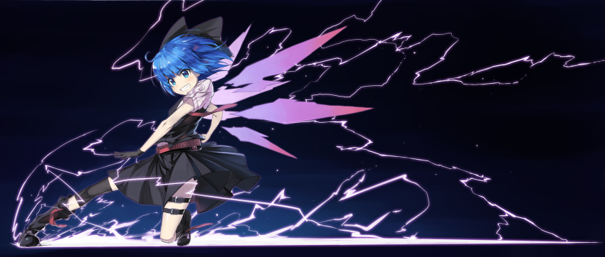 1girl, absurdres, alternate_color, alternate_costume, alternate_element, bad_id, bad_pixiv_id, black_gloves, black_skirt, blue_eyes, blue_hair, boots, cirno, electricity, electrokinesis, energy_wings, fairy, fairy_wings, female_focus, gloves, highres, ikazu_cirno, keli_bang, lightning, matching_hair/eyes, ribbon, short_hair, skirt, solo, touhou, wings