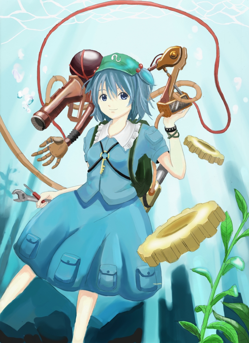 1girl, adjustable_wrench, backpack, bag, blue_eyes, blue_hair, bracelet, bubble