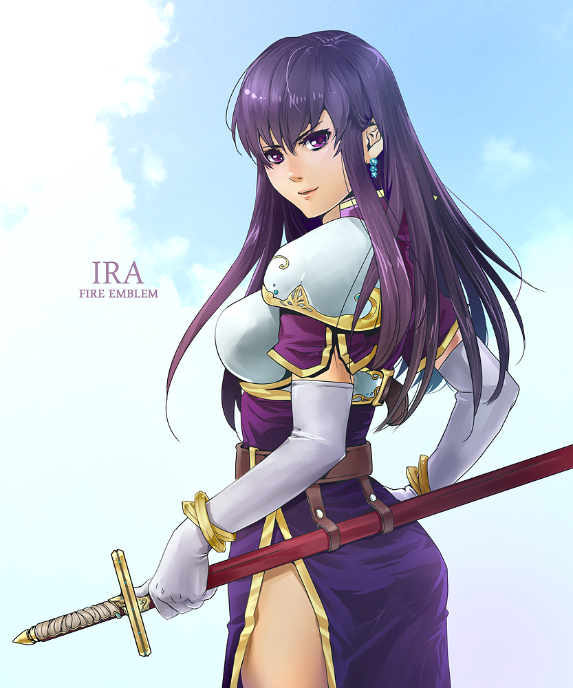 >:), 1girl, armor, armored_dress, ayra_(fire_emblem), bangle, blue_sky, bracelet, breastplate, character_name, copyright_name, cowboy_shot, dress, earrings, elbow_gloves, female_focus, fire_emblem, fire_emblem:_genealogy_of_the_holy_war, from_side, gloves, hand_on_own_hip, holding, jewelry, long_hair, looking_at_viewer, lots_of_jewelry, niku_(amikoto), nintendo, pauldrons, purple_eyes, purple_hair, sheath, sheathed, short_sleeves, shoulder_armor, side_slit, sky, solo, sword, v-shaped_eyebrows, weapon, white_gloves
