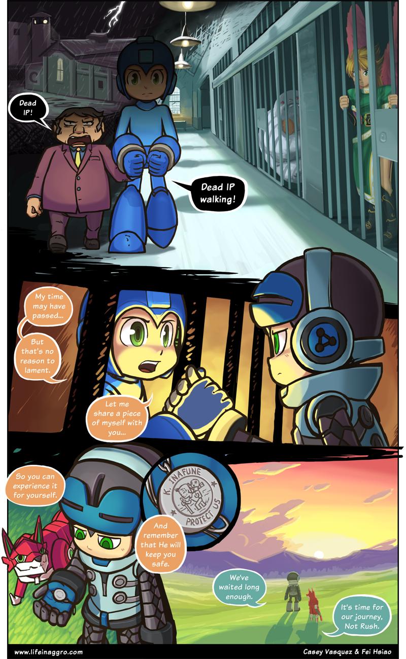 3boys, bars, beck_(mighty_no._9), breath_of_fire, capcom, casey_vasques, creator_connection, crossover, cuffs, darkstalkers, dog, english_text, fei_hsiao, formal_clothes, grass, green_eyes, helmet, highres, inafune_keiji, lightning, male_focus, mega_man_(character), mega_man_(classic), mega_man_(series), mighty_no._9, mountain, multiple_boys, multiple_crossover, necktie, nina_(breath_of_fire_i), nina_(breath_of_fire_ii), non-humanoid_robot, parody, plain, robot, robot_animal, sasquatch_(darkstalkers), speech_bubble, suit, sunset, the_green_mile, thunder, watermark, web_address