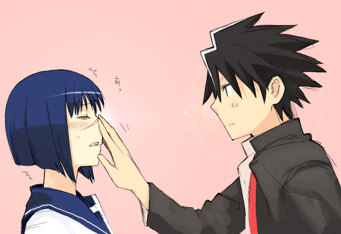 00s, 1boy, 1girl, blue_sailor_collar, blush, bob_cut, busou_renkin, couple