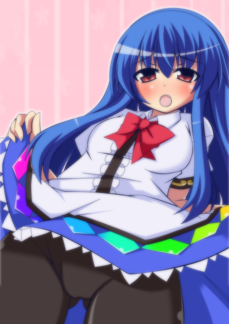 1girl, black_pantyhose, blue_hair, blush, clothes_lift, dress, dress_lift, fang