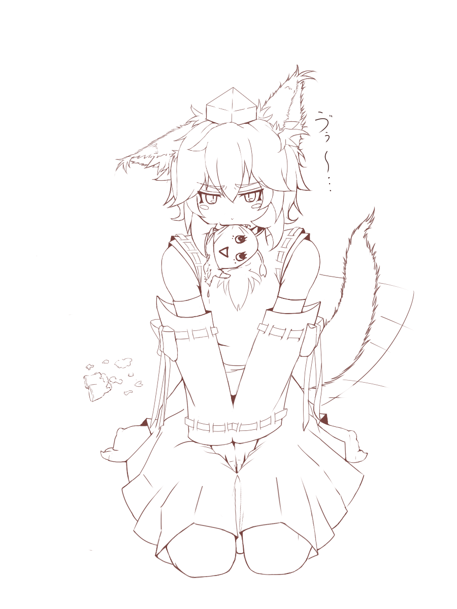 1girl, animal_ears, barefoot, blush_stickers, cube85, fang, female_focus, funasshii