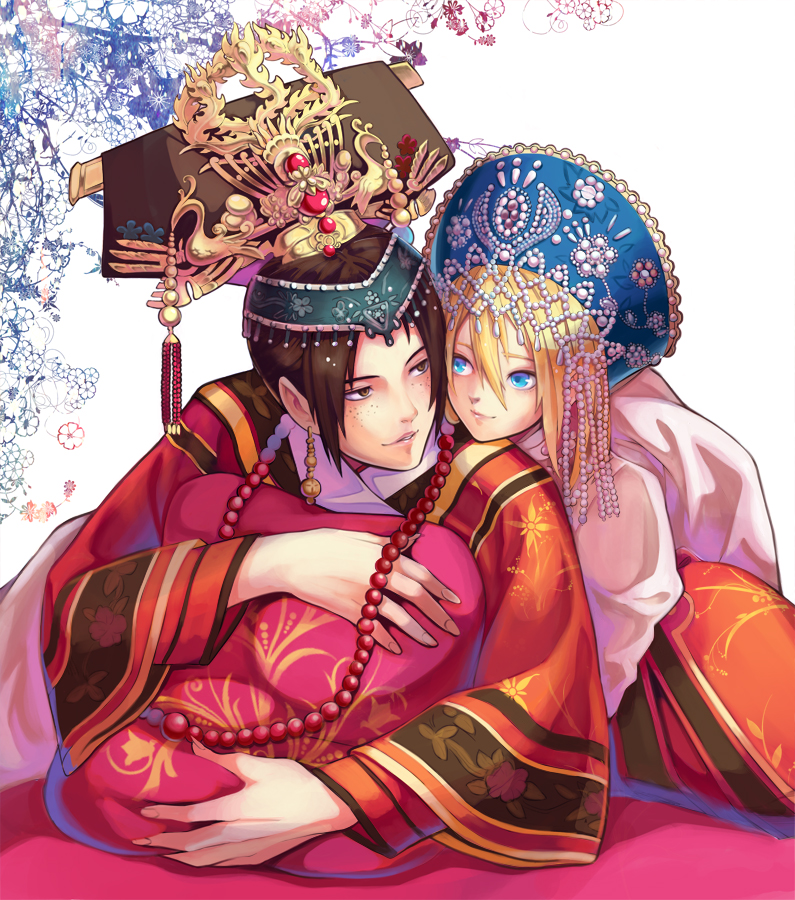 2girls, alternate_costume, blonde_hair, blue_eyes, brown_eyes, brown_hair, krista_lenz, earrings