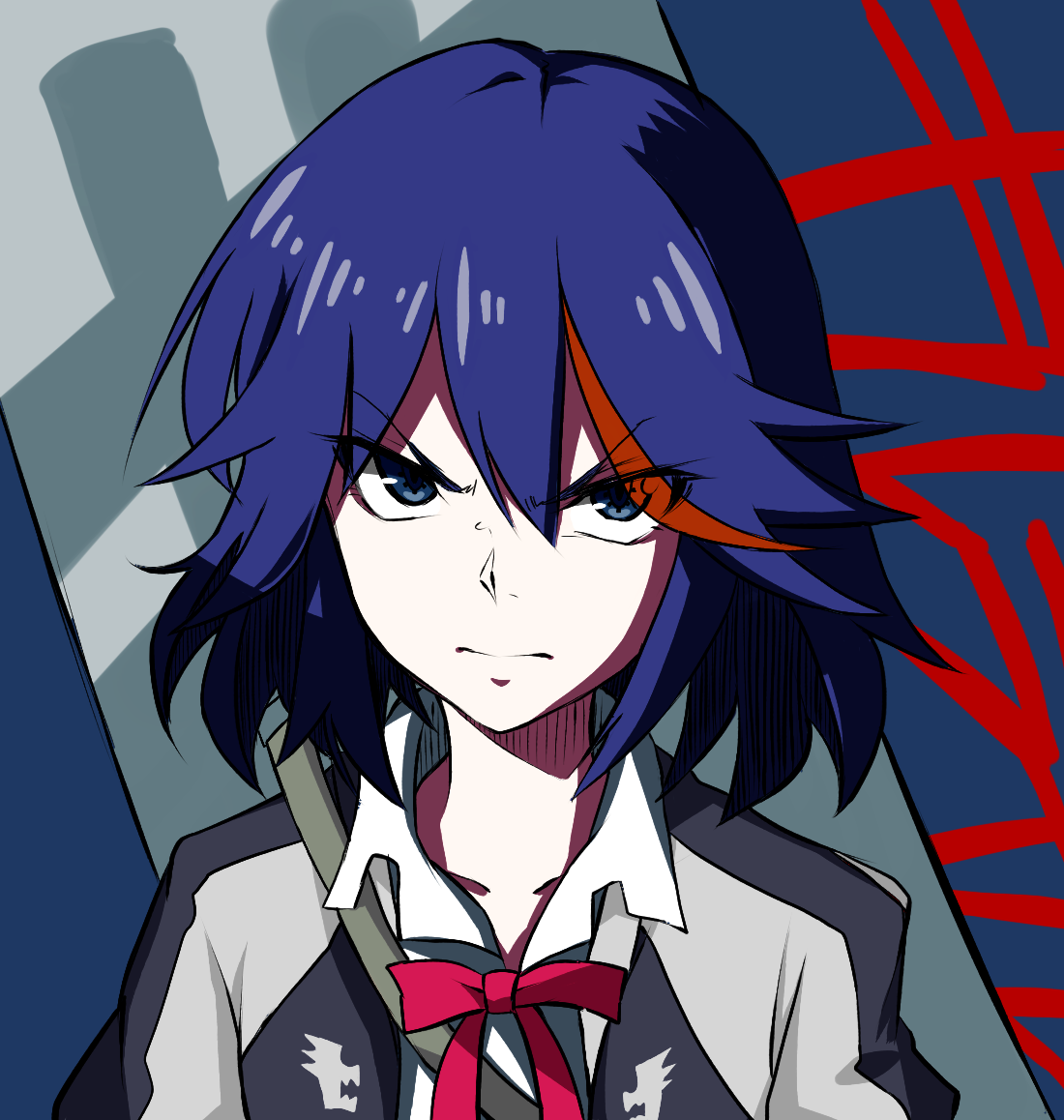 10s, 1girl, blue_eyes, blue_hair, female_focus, kill_la_kill, matching_hair/eyes, matoi_ryuuko, multicolored_hair, ototachibana_rai, red_ribbon, ribbon, school_uniform, short_hair, solo, streaked_hair, symbol-shaped_pupils, upper_body