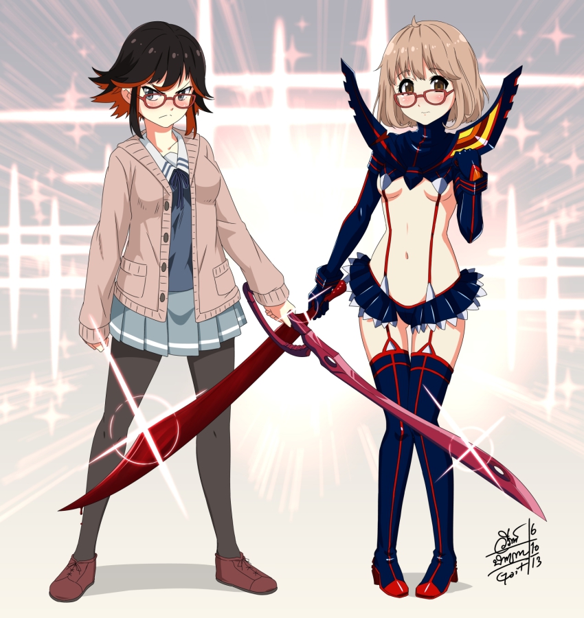 10s, 2013, 2girls, ass, bespectacled, black_hair, black_legwear, blade, blonde_hair, blue_eyes, blush, boots, breasts, brown_eyes, cardigan, cosplay, costume_switch, crossover, dated, elbow_gloves, embarrassed, glasses, gloves, go-it, hemokinesis, high_heels, highres, jacket, kill_la_kill, kuriyama_mirai, kuriyama_mirai_(cosplay), kyoukai_no_kanata, long_sleeves, looking_at_viewer, matoi_ryuuko, matoi_ryuuko_(cosplay), midriff, multicolored_hair, multiple_girls, navel, open_cardigan, open_clothes, open_jacket, pantyhose, power_connection, red-framed_eyewear, red_hair, school_uniform, scissor_blade_(kill_la_kill), season_connection, senketsu, serious, shirt, shoes, short_hair, signature, skirt, small_breasts, streaked_hair, sword, thigh_boots, thighhighs, trait_connection, underboob, wavy_mouth, weapon