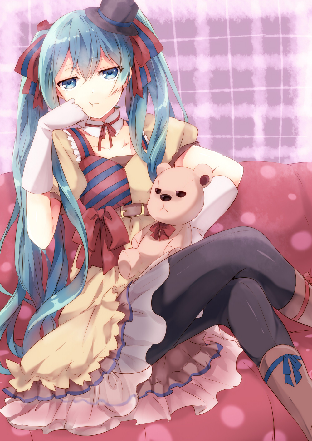 1girl, :t, aqua_hair, black_pantyhose, blue_eyes, boots, crossed_legs, dress