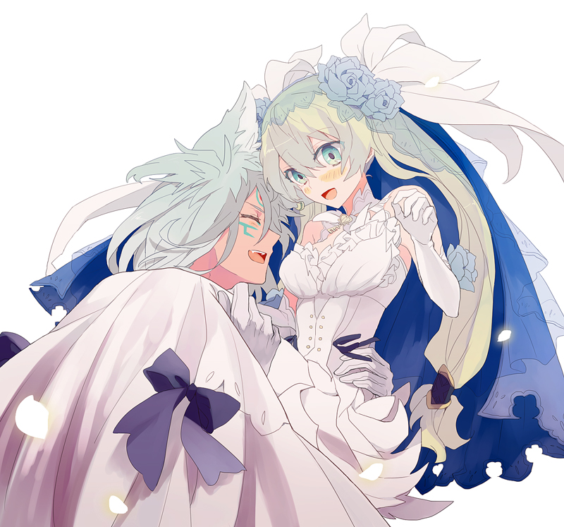 1boy, 1girl, :d, ^_^, alternate_costume, alternate_eye_color, animal_ears, arm_up, bad_id, bad_pixiv_id, bare_shoulders, blue_eyes, blue_flower, blue_rose, blush, bow, bridal_veil, carrying, closed_eyes, colored_eyelashes, couple, dark-skinned_male, dark_skin, dog_ears, dress, elbow_gloves, facial_mark, fangs, flower, fox_ears, frey_(rune_factory), frills, gloves, hair_between_eyes, hair_flower, hair_ornament, happy, hetero, hima_ki, leon_(rune_factory), long_dress, long_hair, looking_down, messy_hair, missing_headwear, open_mouth, petals, princess_carry, ribbon, rose, rune_factory, rune_factory_4, sideways_mouth, simple_background, sleeveless, smile, teeth, twintails, veil, wedding_dress, white_background, white_gloves