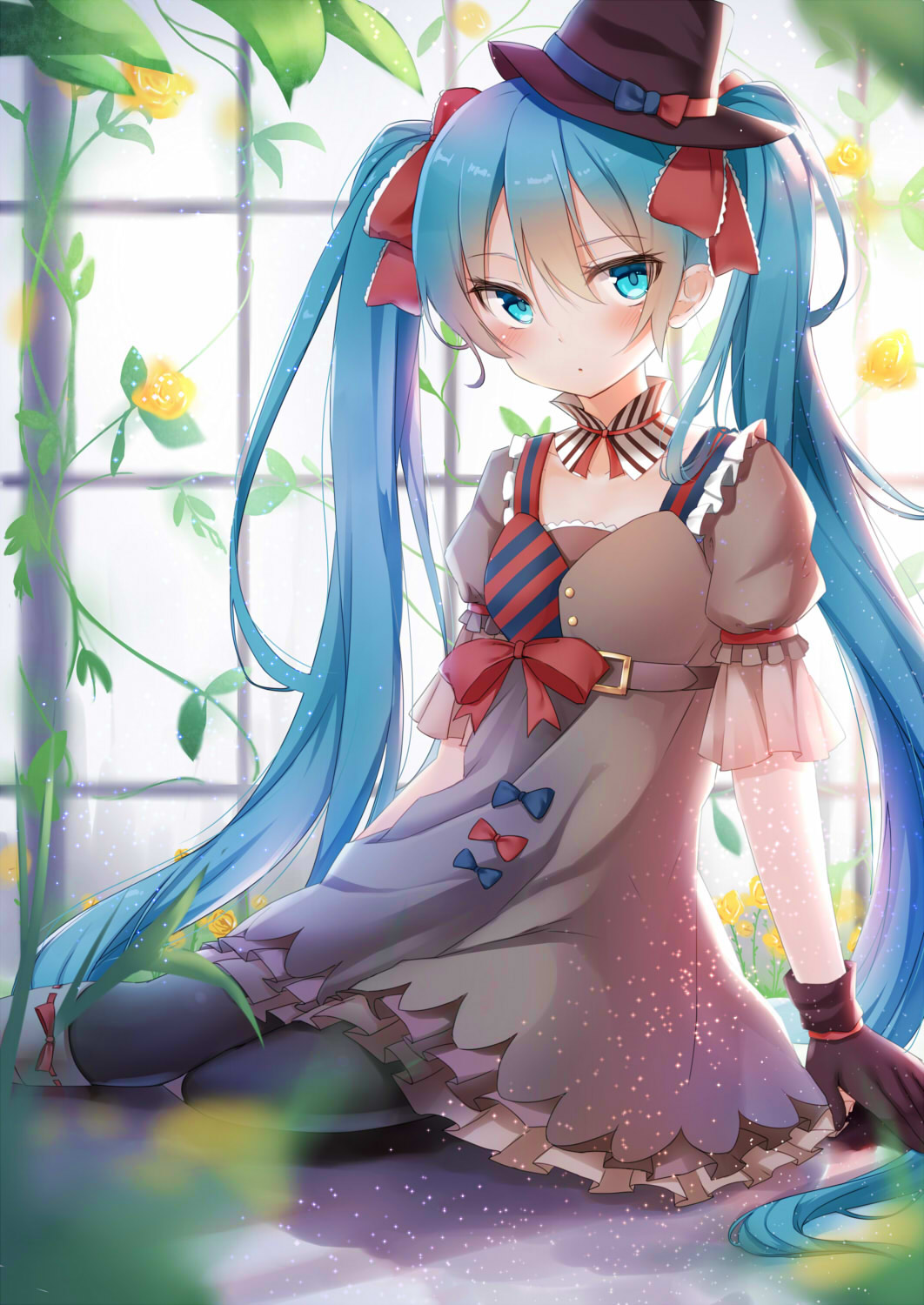 1girl, alexmaster, aqua_eyes, aqua_hair, belt, blush, dress, ennui_heiwa_miku, female_focus, gloves, hair_ribbon, hat, hatsune_miku, highres, long_hair, pantyhose, ribbon, sitting, solo, twintails, very_long_hair, vocaloid
