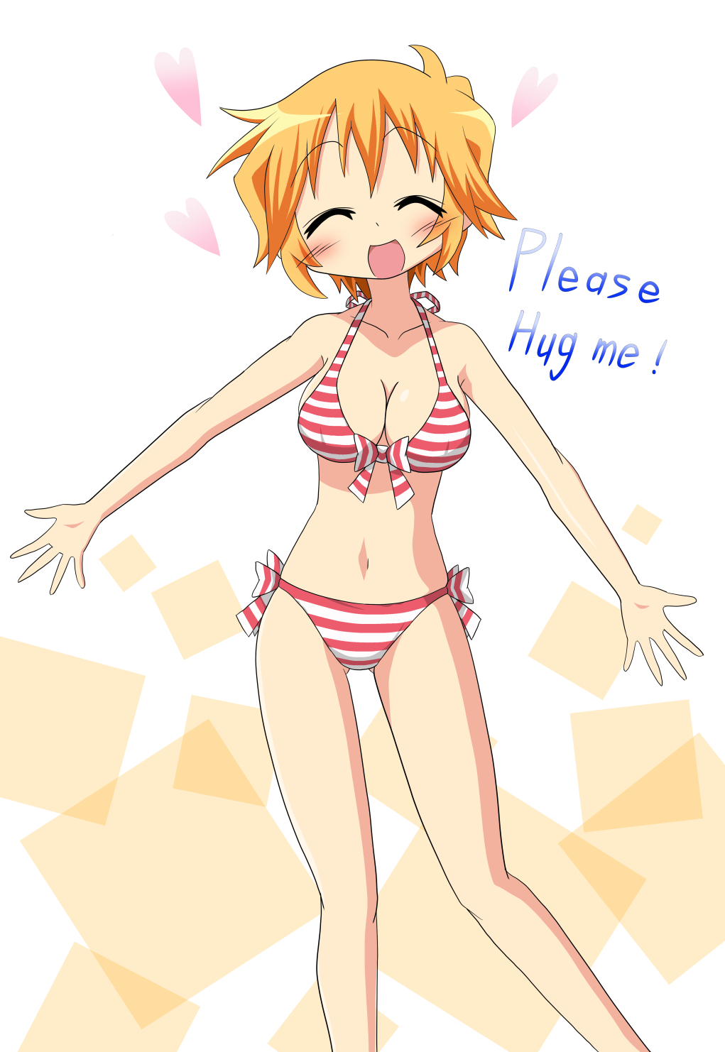 00s, 1girl, bikini, blonde_hair, blush, breasts, closed_eyes, english_text, female_focus, heart, highres, large_breasts, lucky_star, men_(artist), open_mouth, patricia_martin, short_hair, smile, solo, striped_bikini, striped_clothes, swimsuit