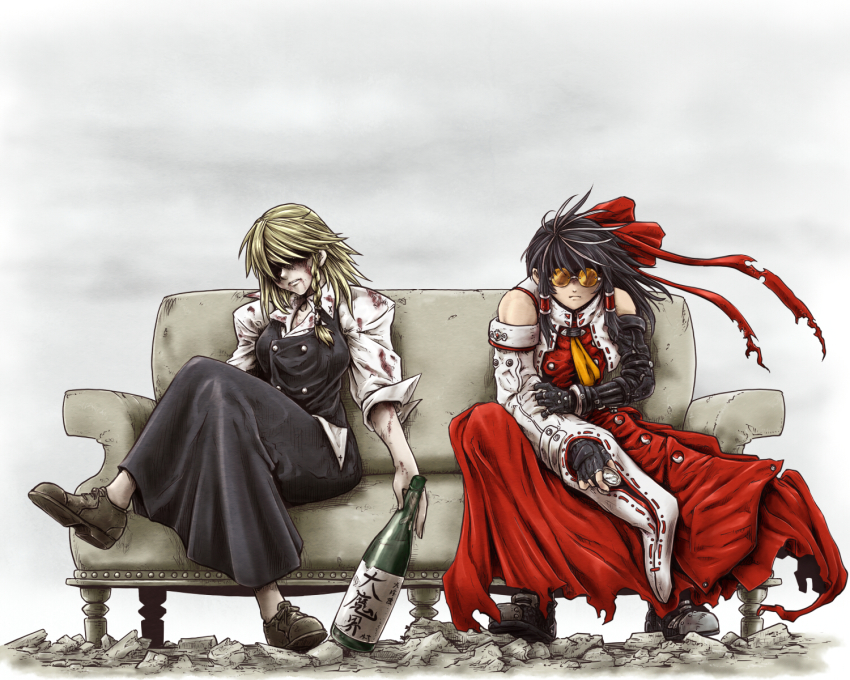 2girls, blonde_hair, blood, coat, cosplay, couch, crossed_legs, detached_sleeves
