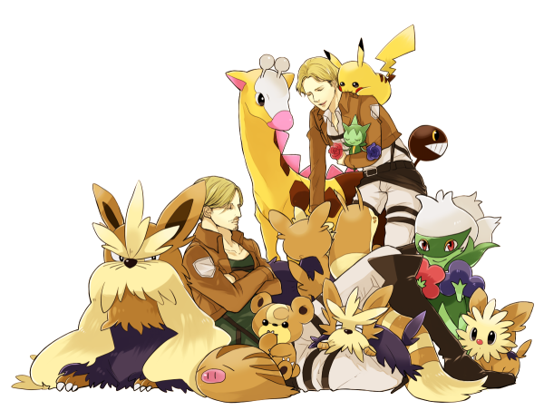 1boy, 1girl, aquiline_nose, blonde_hair, crossover, facial_hair, gen_1_pokemon, gen_2_pokemon