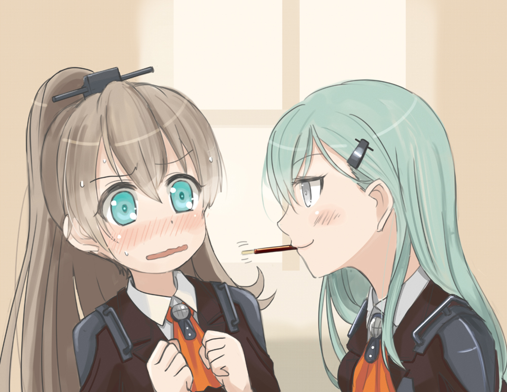 10s, 2girls, aqua_eyes, aqua_hair, blue_eyes, blush, brown_hair, clenched_hands, collared_shirt, embarrassed, eye_contact, food, grey_eyes, hair_ornament, hairclip, indoors, kantai_collection, kumano_(kancolle), long_hair, looking_at_another, military, military_uniform, mouth_hold, multiple_girls, naughty_face, neck, nekopan_(neko-blr), nekopantz, open_mouth, personification, pocky, ponytail, sharing_food, shirt, shy, smile, suzuya_(kancolle), sweat, sweatdrop, upper_body, wavy_mouth, window, yuri
