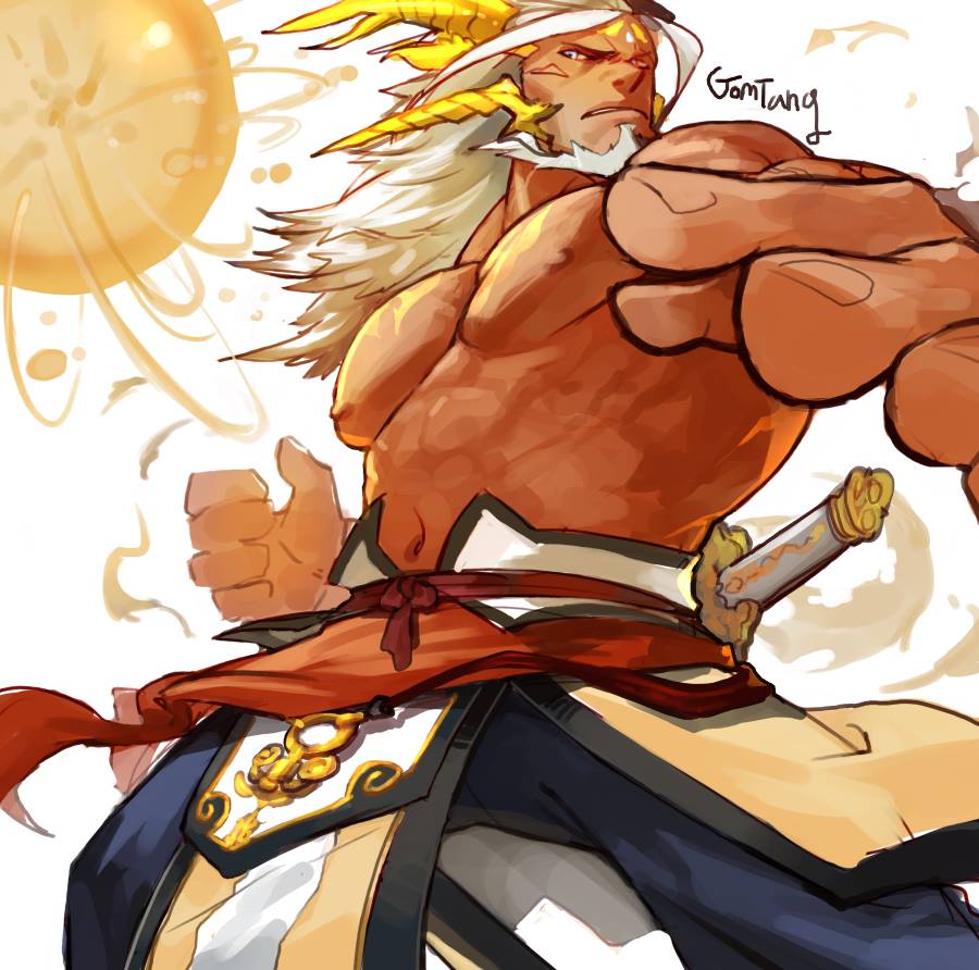 1boy, bad_id, bad_pixiv_id, beard, blonde_hair, facial_hair, fagan_(p&amp;d), gomtang