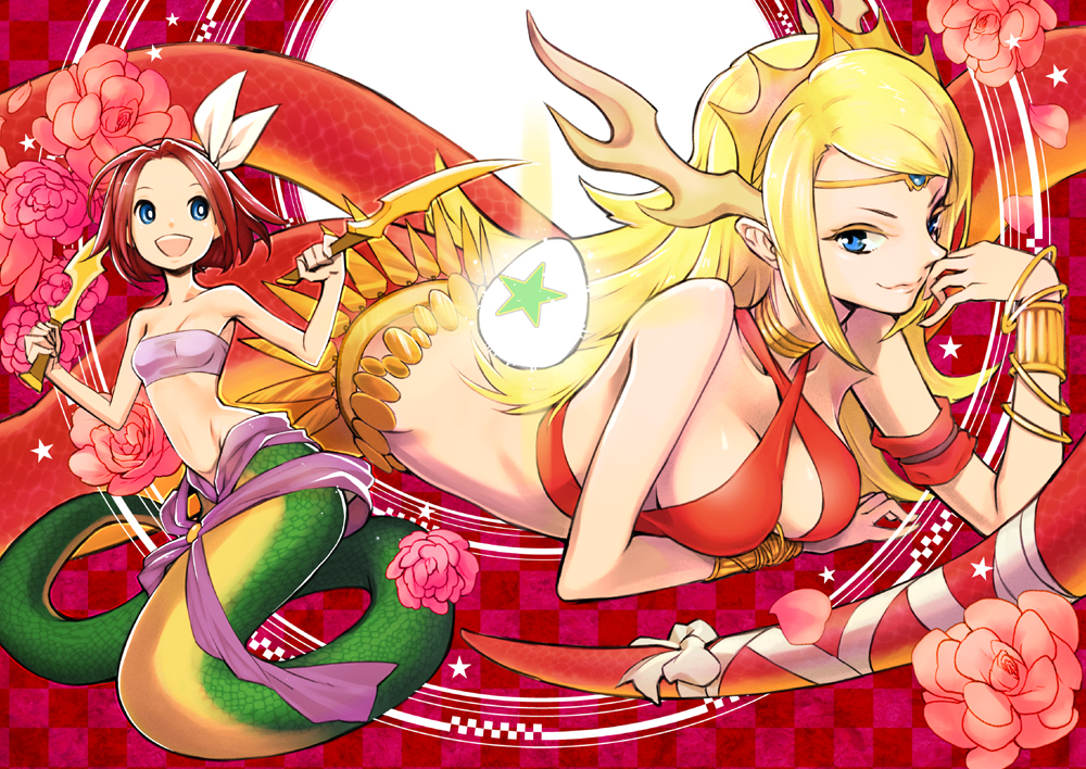 2girls, arm_support, armlet, bandeau, bare_shoulders, blonde_hair, blue_eyes, bracelet, criss-cross_halter, crop_top, dual_wielding, echidna_(p&amp;d), egg, hair_ribbon, halterneck, holding, jewelry, kishiro_(michiko), lamia, long_hair, lots_of_jewelry, monster_girl, multiple_girls, naga_(p&amp;d), navel, open_mouth, puzzle_&amp;_dragons, red_hair, ribbon, shiny_skin, short_hair, smile, star_(symbol), strap_gap, strapless, sword, tiara, tube_top, weapon