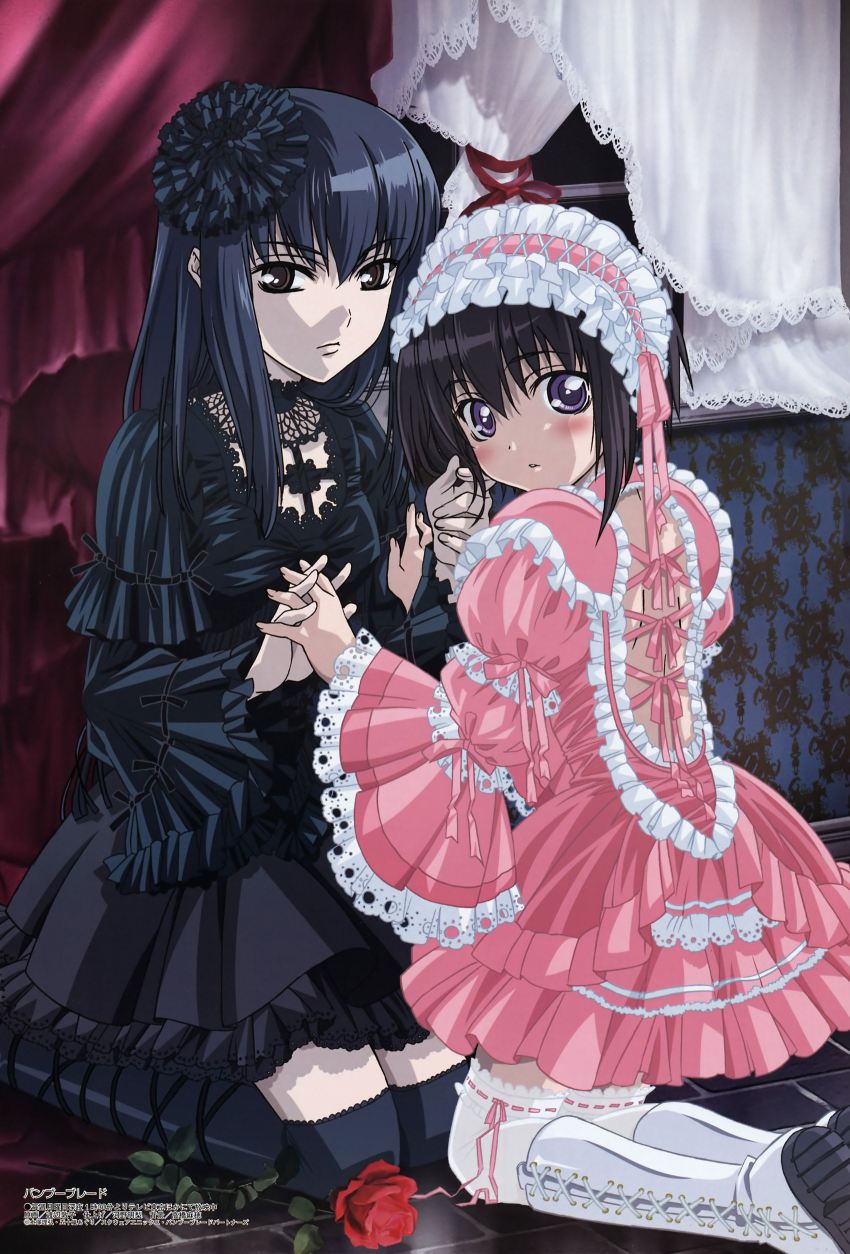 00s, 2girls, absurdres, bamboo_blade, black_hair, blush, dress, feet_out_of_frame