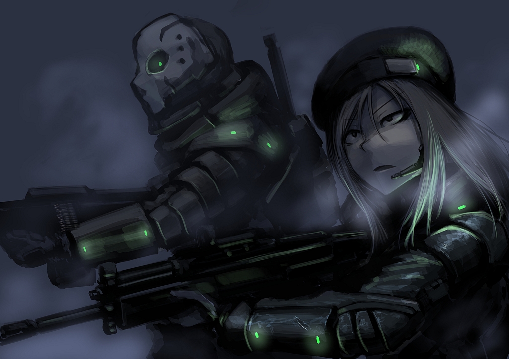 1girl, armor, assault_rifle, balaclava, beret, black_eyes, constricted_pupils, fog